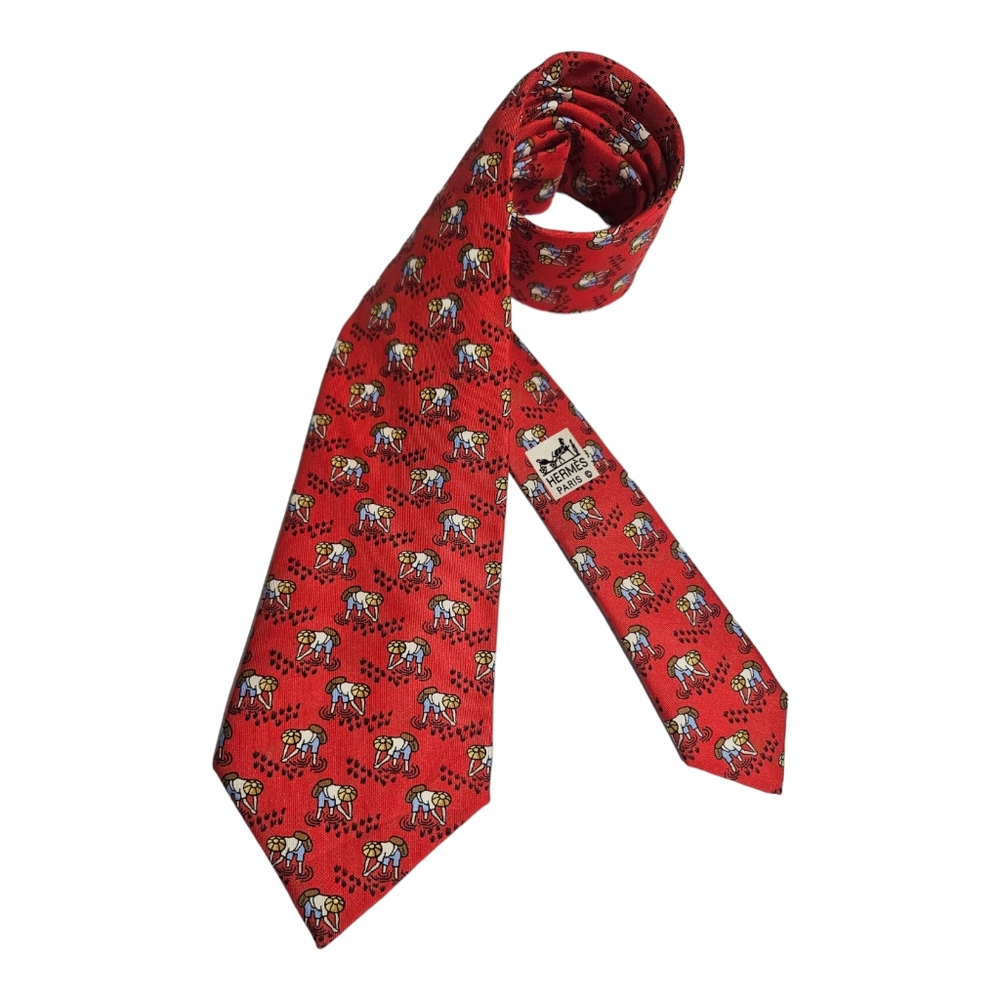 HERMÈS 7535 IA Red Chinese Rice Picker Silk LUXURY Tie FRANCE